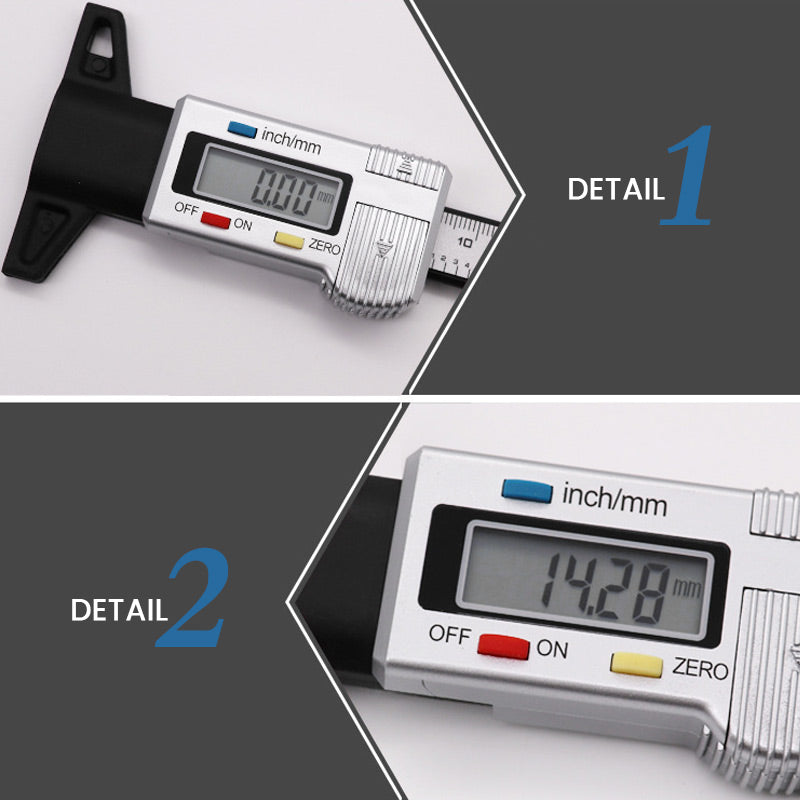 Arenzza digital car tire tread depth gauge meter showing measurement readings on a black handheld device with a digital display.
