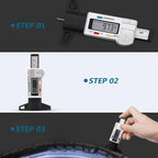 Arenzza digital car tyre tread depth gauge meter showing measurement display and metal probe for checking tyre tread depth.