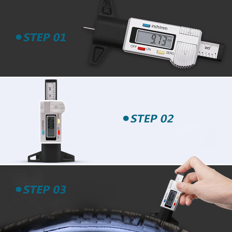 Arenzza digital car tyre tread depth gauge meter showing measurement display and metal probe for checking tyre tread depth.