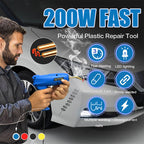 Arenzza high power car crack repair welding machine with welding staples set for automotive damage repair, shown in a workshop setting.