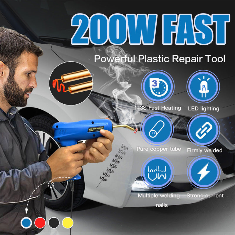 Arenzza high power car crack repair welding machine with welding staples set for automotive damage repair, shown in a workshop setting.