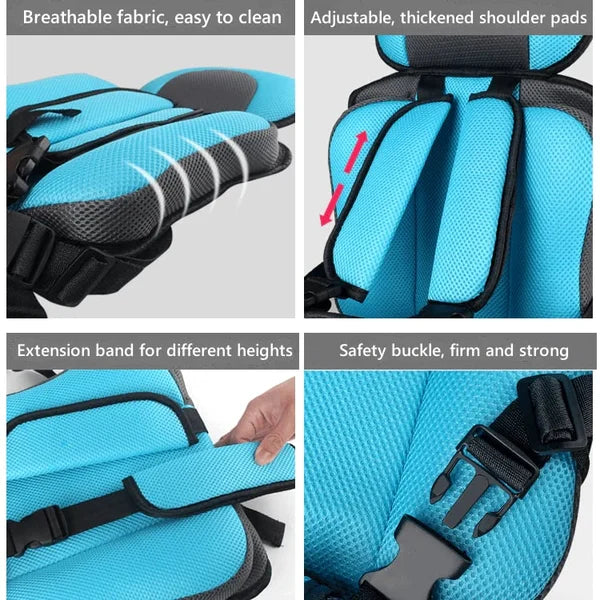Arenzza portable child protection car seat in black, designed for safety and comfort, shown in a car interior.