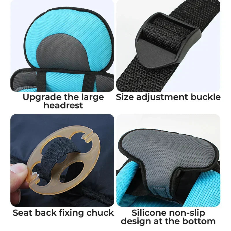 Arenzza portable child protection car seat in black, designed for child safety, shown in a vehicle interior.