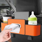 Arenzza multifunctional car seat rear storage box shown in a vehicle, organized to hold car accessories and small items.