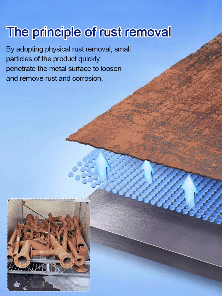 Arenzza rust remover for steel and iron, highly concentrated car accessory liquid shown in a dynamic animated image.