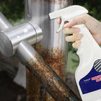 Arenzza rust remover for steel and iron, highly concentrated, shown in a car accessories setting with applicator bottle and rusted metal.