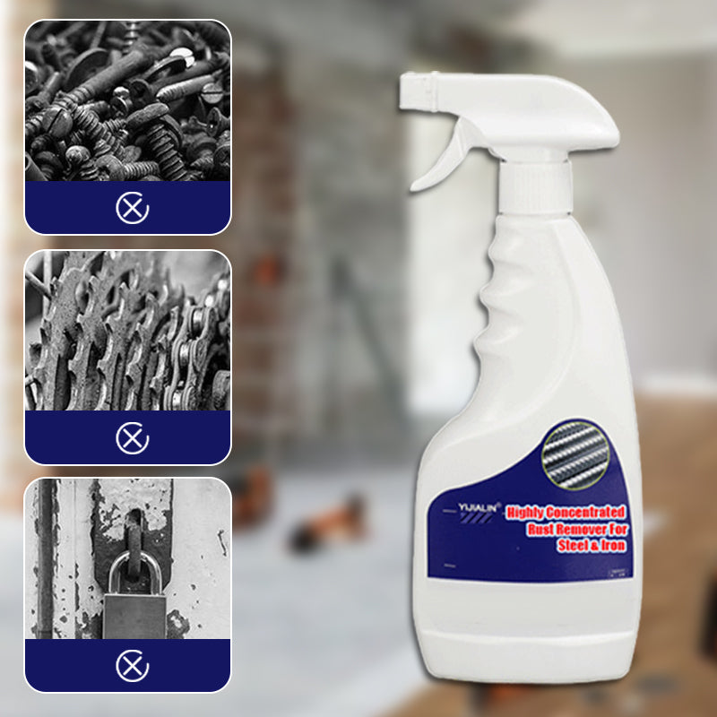 Arenzza rust remover for steel and iron, highly concentrated, shown in a car accessory application with a spray bottle and rusted metal surface.