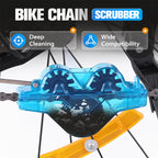 Arenzza bike chain scrubber tool for cleaning bicycle chains, shown in a close-up image of the blue plastic and metal device.