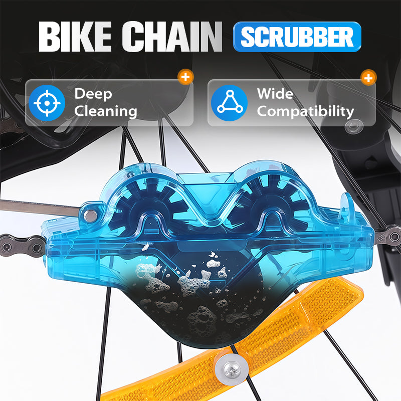 Arenzza bike chain scrubber tool for cleaning bicycle chains, shown in a close-up image of the blue plastic and metal device.
