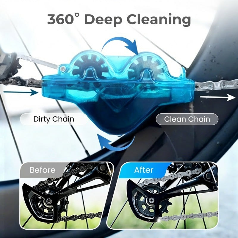 Arenzza Bike Chain Scrubber for car accessories, showing the cleaning tool with brushes and cleaning solution for bike chains.