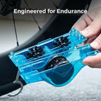 Arenzza bike chain scrubber for cleaning bicycle chains, shown in use with metal brush and cleaning solution on a bike component.