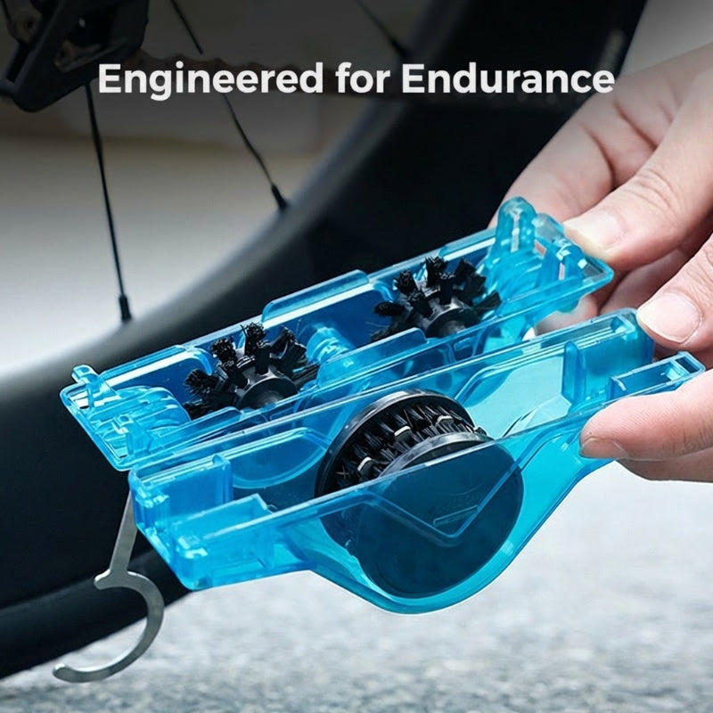 Arenzza bike chain scrubber for cleaning bicycle chains, shown in use with metal brush and cleaning solution on a bike component.