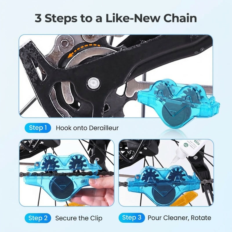 Arenzza bike chain scrubber in use, cleaning a bike chain with bristles and a handle, designed for car and bike maintenance.