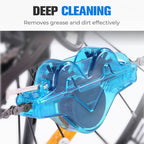 Arenzza bike chain scrubber for cleaning bicycle chains, showing the durable plastic brush and cleaning solution in a close-up shot.