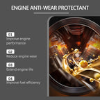 Arenzza engine anti-wear protectant bottle, car accessory for engine protection, with a black cap and label showing product details.