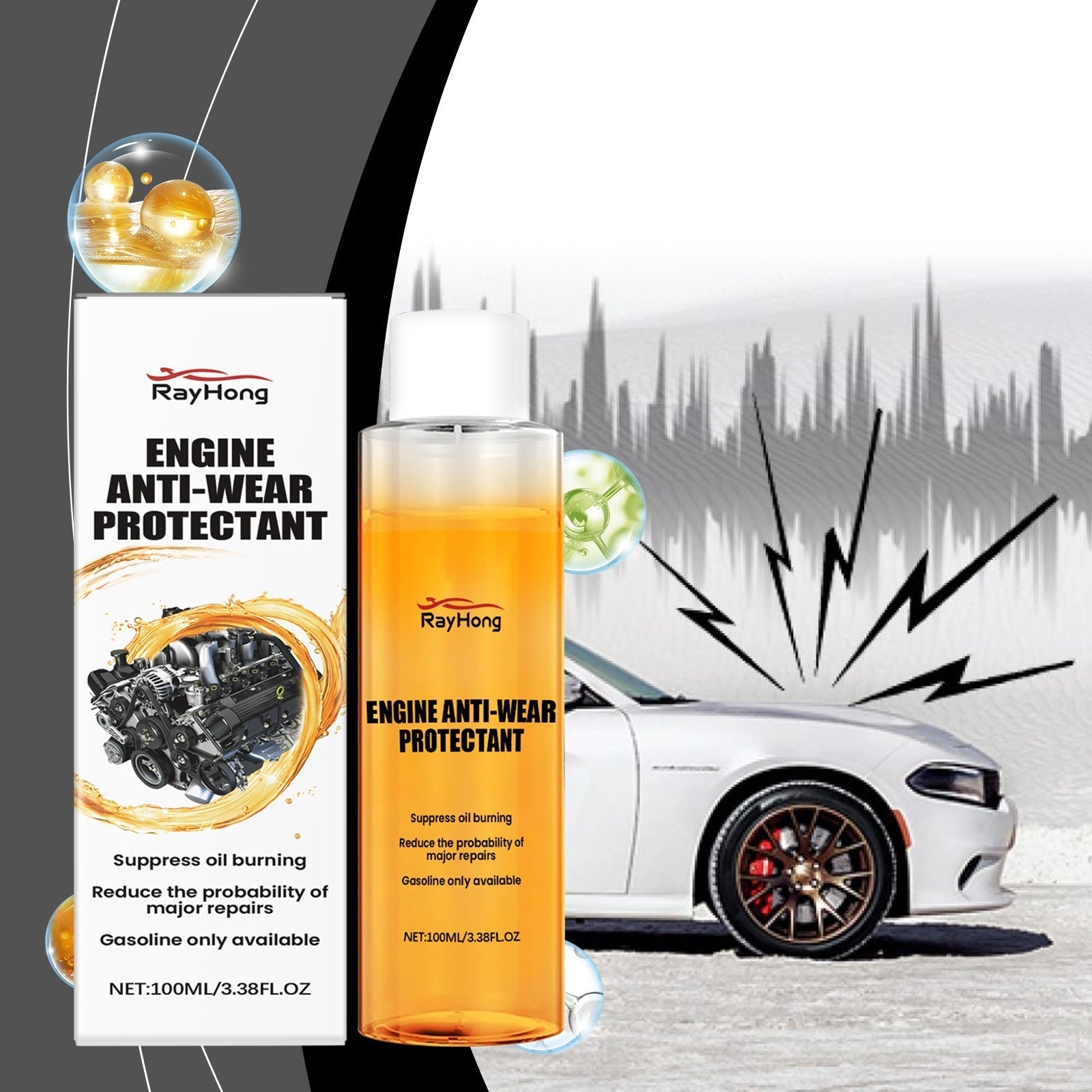 Arenzza engine anti-wear protectant bottle, car accessory for engine protection, with vibrant label and product details.