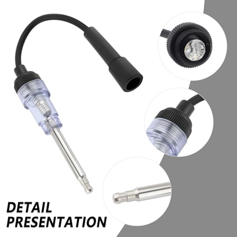 Arenzza automotive spark plug coil ignition tester connected to a car engine, demonstrating ignition system testing for vehicle maintenance.