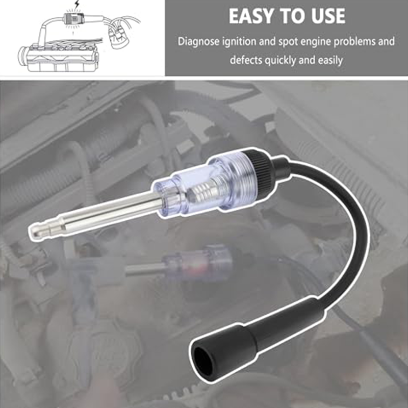 Arenzza automotive spark plug coil ignition tester showing a compact, handheld device with test leads and digital display for car ignition testing.