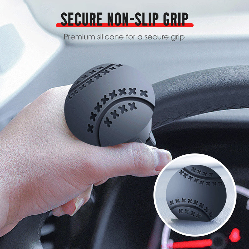 Arenzza steering wheel booster knob for effortless driving, attached to a car's steering wheel, enhancing grip and control.