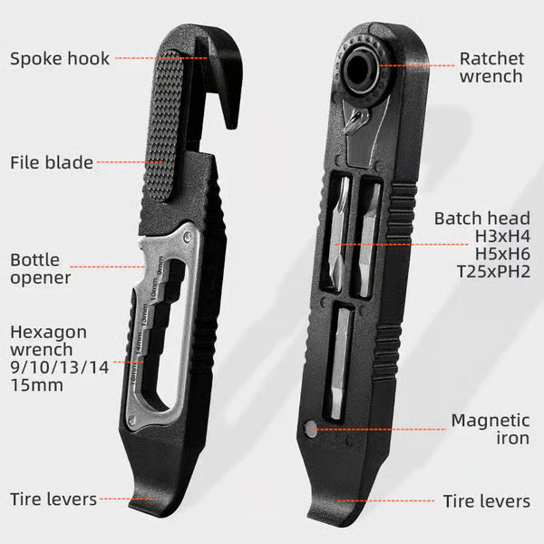Arenzza multi-function ratchet tire lever with hex wrench and file blade for car tire removal and repairs.