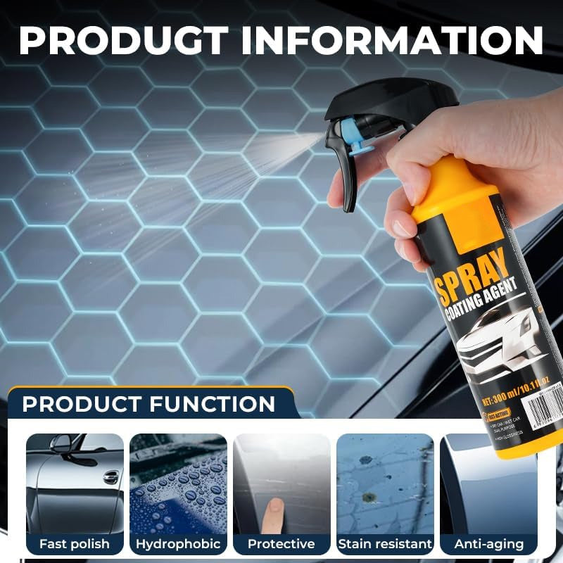 Arenzza 3-in-1 SiO₂ Ceramic Quick Coat Spray for cars, showcasing a sleek spray bottle and a shiny, protected vehicle surface.