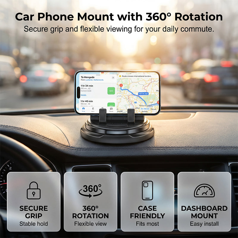 Arenzza 2-in-1 car phone holder and parking number plate with 360° rotation, mounted on a car dashboard with a heavy-duty phone case.