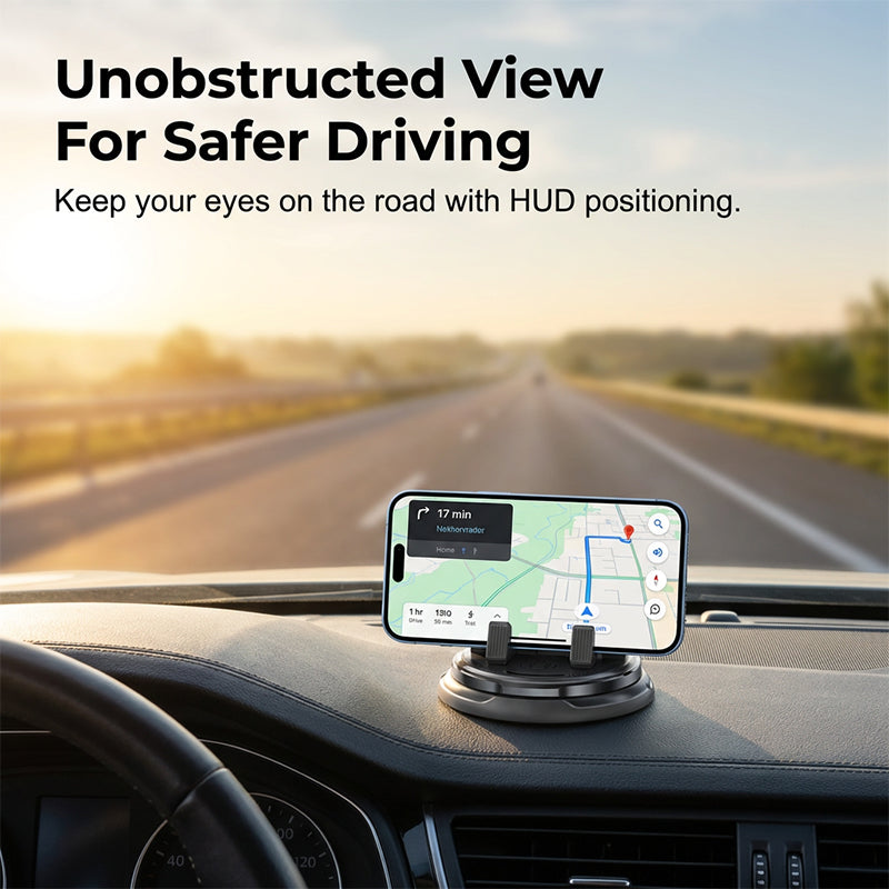 Arenzza 2-in-1 car phone holder and parking number plate with 360° rotation attached to a vehicle dashboard.