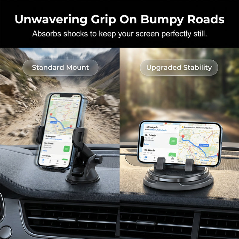 Arenzza 2-in-1 car phone holder and parking number plate with 360° rotation, heavy-duty case compatibility, mounted in a vehicle.