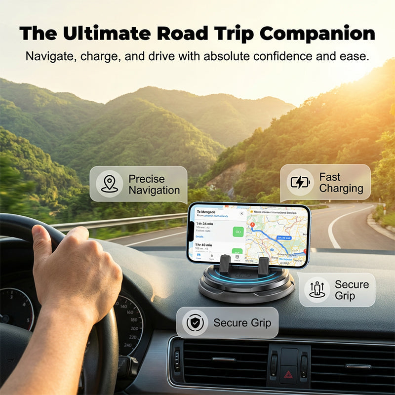 Arenzza 2-in-1 car phone holder and parking number plate with 360° rotation mounted on a vehicle dashboard.
