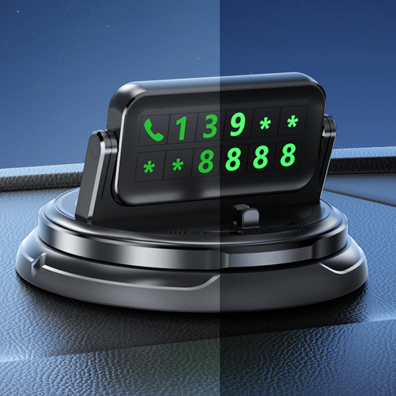Arenzza 2-in-1 car phone holder and parking number plate with 360° rotation and heavy-duty case compatibility, shown mounted in a vehicle.