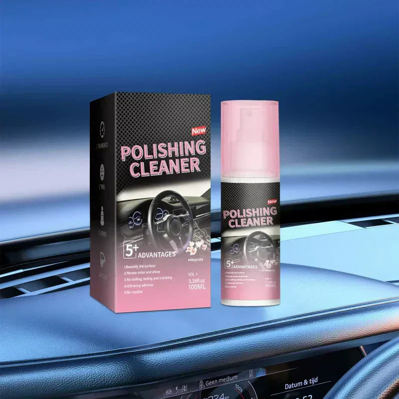 Arenzza car interior polish cleaner bottle with a clean, shiny car dashboard and interior surface, showcasing deep cleaning and shine restoration.