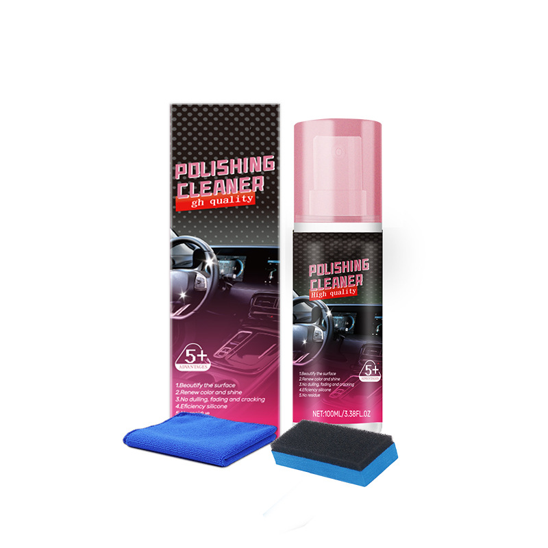 Arenzza Car Interior Polisher for instant shine and protection, featuring a sleek black and silver spray bottle in a car interior setting.