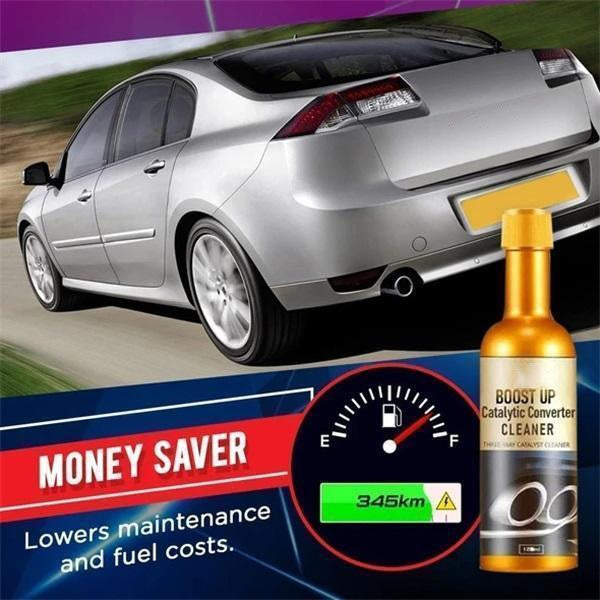 Arenzza catalytic converter cleaner bottle, car accessories product, with label and cleaning solution visible.