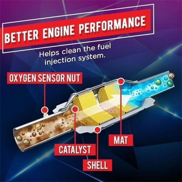 Arenzza Catalytic Converter Cleaner bottle, car accessory for engine maintenance, with a white and green label on a plain background.