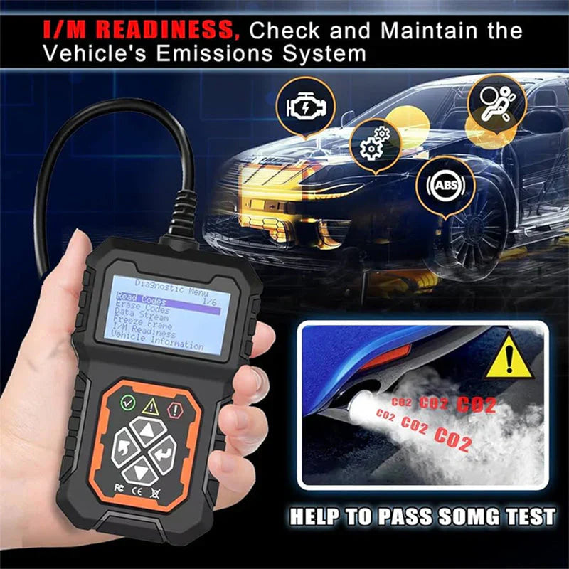 Arenzza universal car fault analyzer decoder showing a diagnostic screen with error codes and multilingual options.