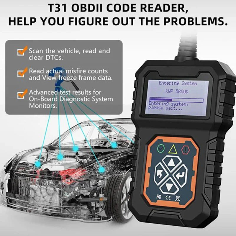 Arenzza universal car fault analyzer decoder displaying diagnostic codes on a handheld device with a screen and connection cables.