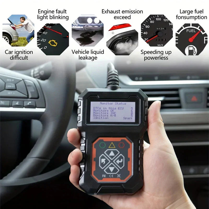 Arenzza universal car fault analyzer decoder displaying diagnostic interface and clear codes on a digital screen.