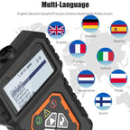 Arenzza universal car fault analyzer decoder showing diagnostic screen with error codes and multilingual options on a digital display.