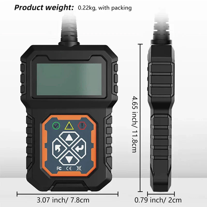 Arenzza universal car fault analyzer decoder displaying diagnostic codes on a digital screen, with buttons for full vehicle diagnostics.