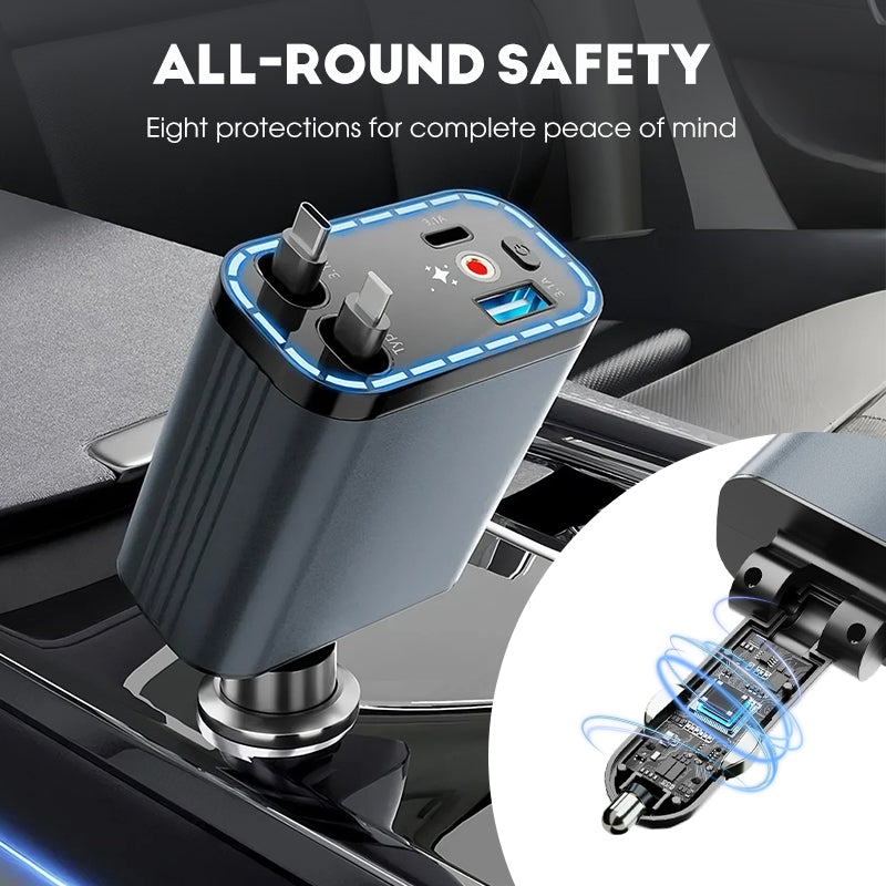Arenzza Ultra-fast 4-in-1 car charger with retractable cables and ambient starlight, designed for car accessories and charging devices.