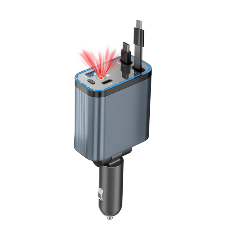 Arenzza Ultra-fast 4-in-1 car charger with retractable cables and ambient starlight, designed for vehicle charging accessories.