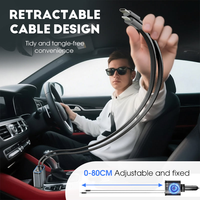 Arenzza 4-in-1 car charger with retractable cables and ambient starlight, compact car accessory for fast device charging.