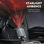 Arenzza 4-in-1 car charger with retractable cables and ambient starlight, shown plugged into a car's dashboard.