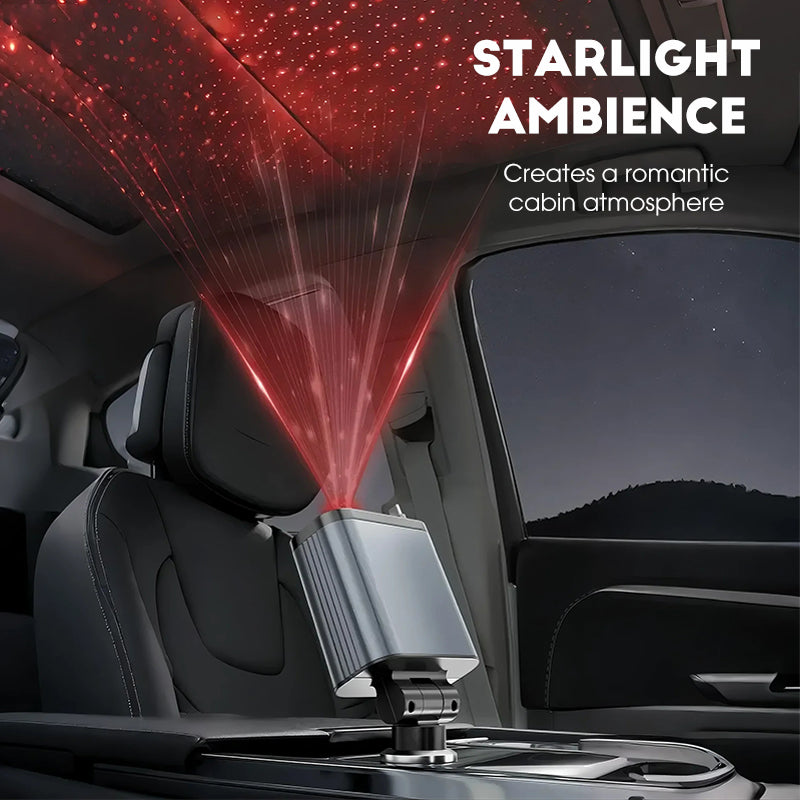 Arenzza 4-in-1 car charger with retractable cables and ambient starlight, shown plugged into a car's dashboard.