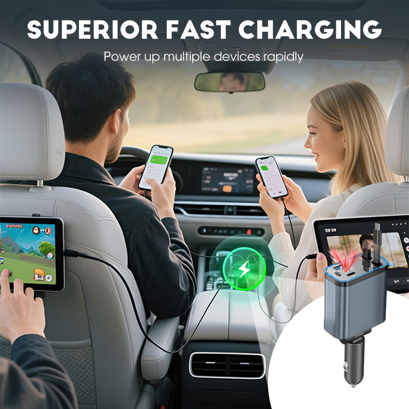 Arenzza 90W 4-in-1 car charger with retractable cables and ambient starlight in a vehicle's interior.