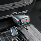 Arenzza Ultra-fast 4-in-1 car charger with retractable cables and ambient starlight lighting for vehicle charging.