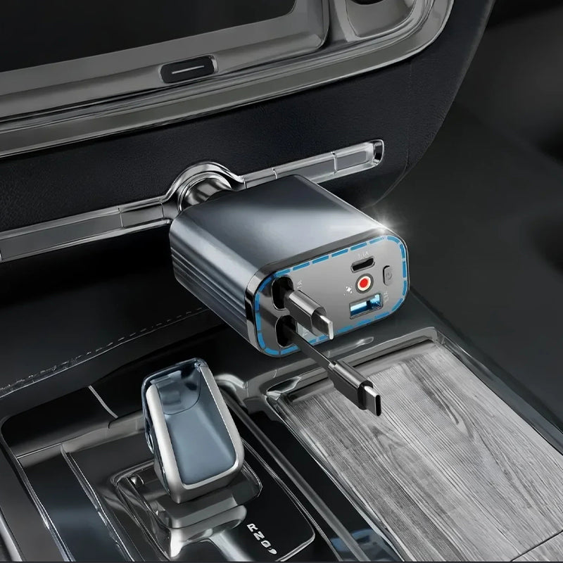 Arenzza Ultra-fast 4-in-1 car charger with retractable cables and ambient starlight lighting for vehicle charging.
