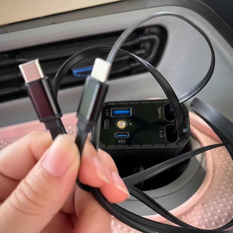 Arenzza Ultra-fast 4-in-1 car charger with retractable cables and ambient starlight, designed for vehicle charging accessories.