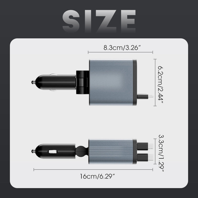 Arenzza Ultra-fast 4-in-1 car charger with retractable cables and ambient starlight lighting, designed for vehicle charging accessories.