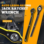 Arenzza auto labor-saving jack ratchet wrench for car repairs, shown in use with a close-up of the wrench in a mechanic's hand
